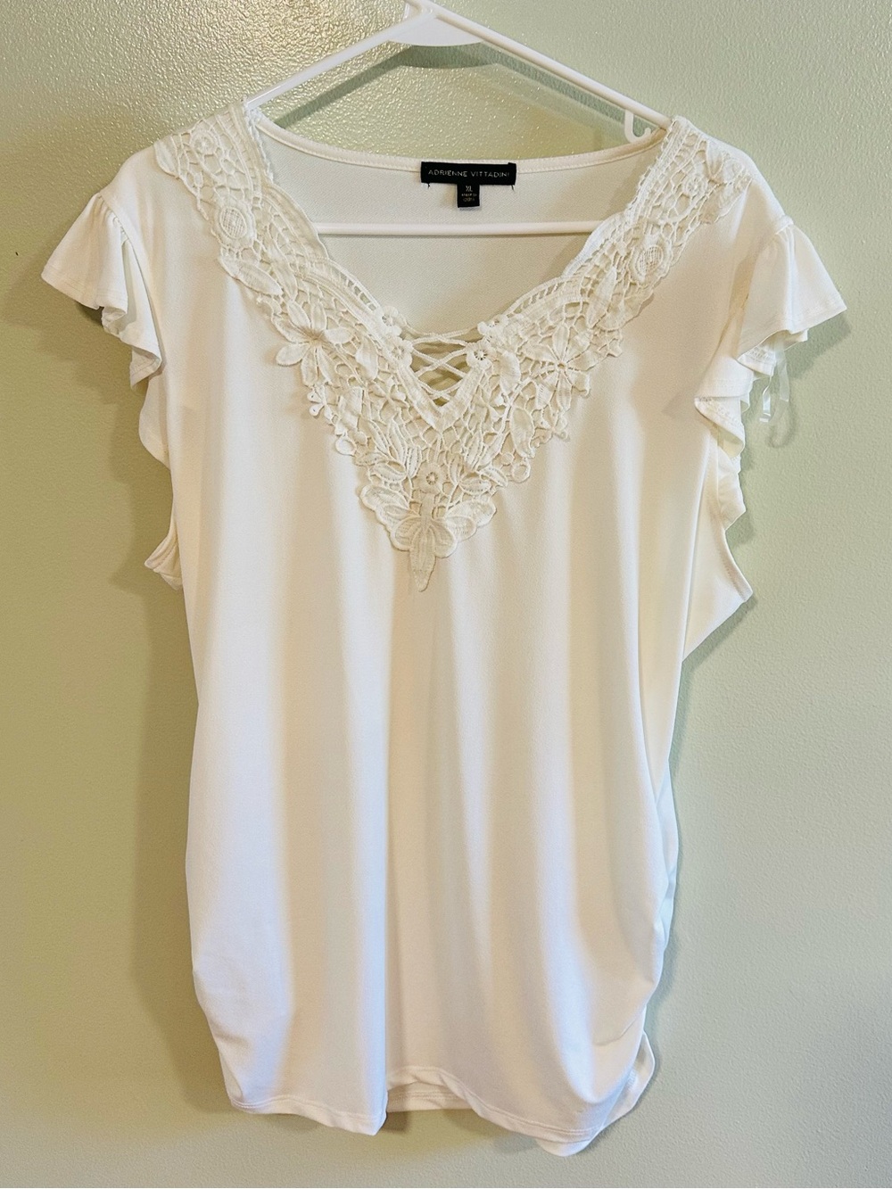 Adrienne Vittadini White Lace V-Neck Flutter Sleeve Blouse